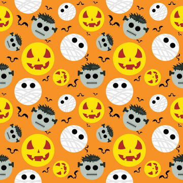 Halloween background in seamless pattern. Cartoon faces of ghosts, mummies and bats. Gift wrapping paper idea for ghost festival. vector illustration cute fabric pattern
