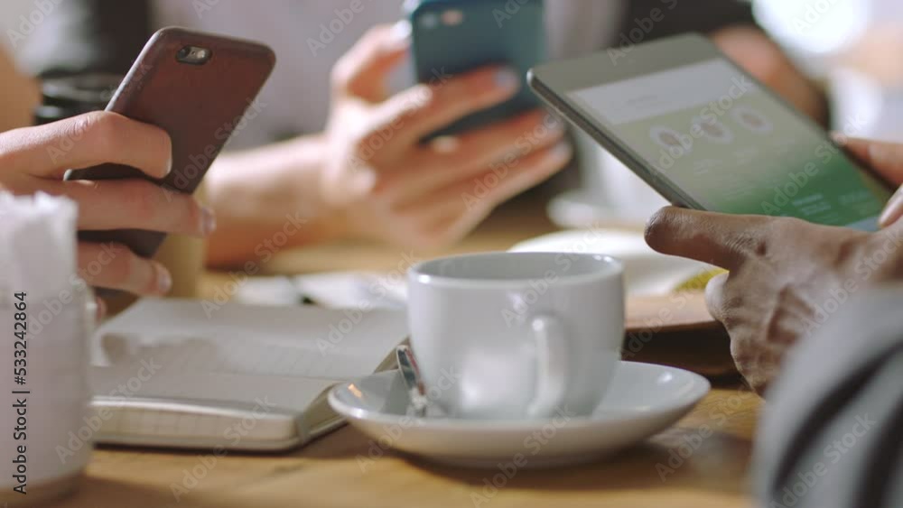 Poster Teamwork, phone and digital business team working on a design at a cafe, testing online app and website. Collaboration, technology and 5g meeting by closeup hands of partners planning strategy goal
