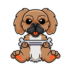 Cute little pekingese dog cartoon holding a bone