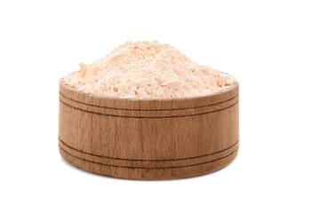 Lentil flour in wooden bowl isolated on white