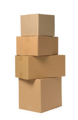 Many closed cardboard boxes on white background. Delivery service