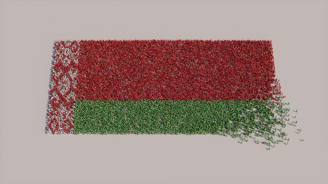 Aerial view of a Crowd of People, coming together to form the Flag of Belarus. Belarusian Banner on White Background.