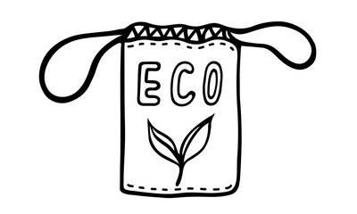 Fabric reusable eco bag with plant leaves. Hand drawn vector icon isolated on white. No plastic, go green, zero waste. Eco friendly container, bio packaging. Cartoon doodle for poster, print, logo