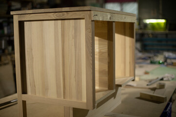 Furniture in workshop. Details of carpentry workshop. Furniture made of wood.