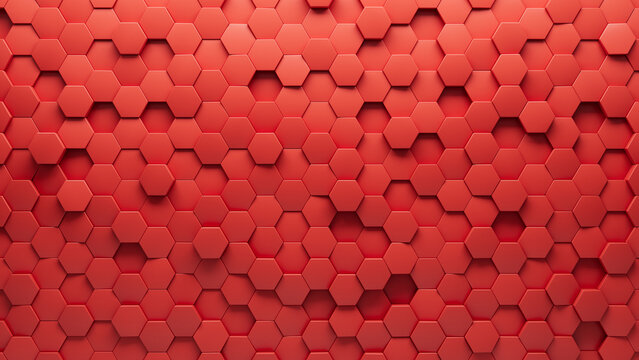 Red Tiles arranged to create a Futuristic wall. Hexagonal, 3D Background formed from Polished blocks. 3D Render
