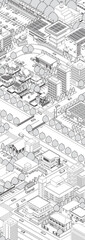街並みの立体図. 都市の景観. 線画のイラスト.