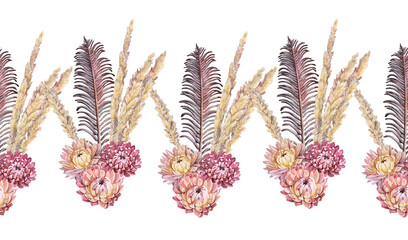 Seamless rim watercolor dried twig fern flower and spikelet on white background. Hand-drawn dry boho leaves for decoration. Botanical brown plant for wallpaper wrapping. Nature border for wedding