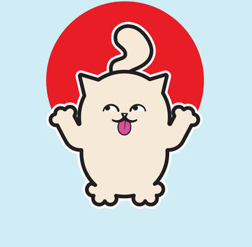 cute cartoon cat with its paws in the air and its tongue sticking out with a blue and red circle backround, vector image