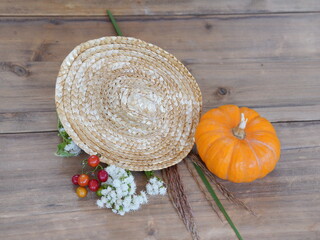 Straw hat, Wildflowers, Red Berries and Orange Pumpkin on Dark Wood Paneling