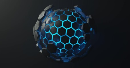 abstract background using a moving ball shape with a bright blue texture with a circular hexagon pattern, 3d rendering, and 4K size