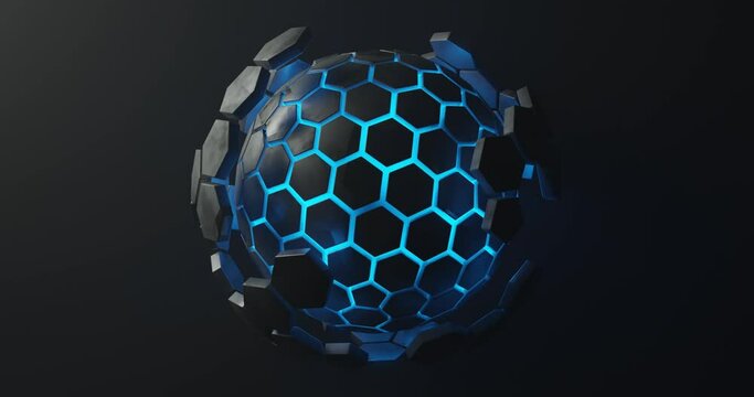 abstract background using a moving ball shape with a bright blue texture with a circular hexagon pattern, 3d rendering, and 4K size