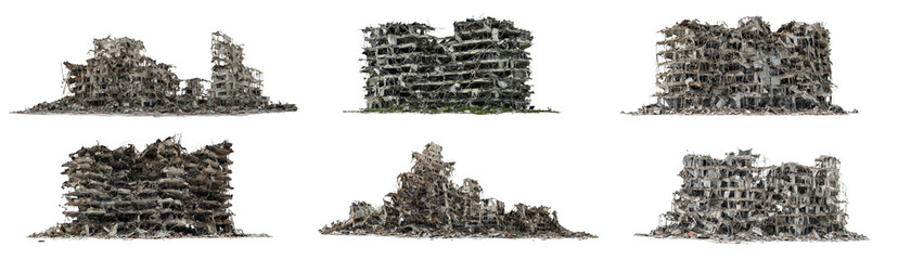 set of ruined buildings, post-apocalyptic civilization, isolated on white background - obrazy, fototapety, plakaty