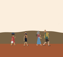 Indian people walking and carrying luggage and children on head going back to their home from work. 