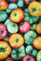 Green yellow red tomatoes food background, harvested tomatoes texture