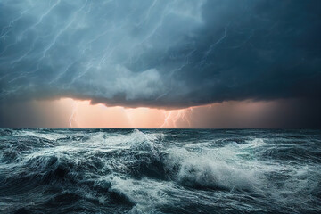 3D-Illustration, digitale Kunst, ein Sturm mitten im Ozean mit extrem aufgeregten großen Wellen und gefährlichen Donnern.