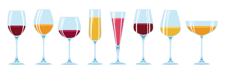 Wineglass different types set. Glass for red, white, sparkling wine champagne liquor alcohol beverages, various shapes. Winemaking advertisement bar design for cafe, restaurant vector