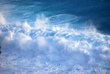 Blue sea marine ocean seascape tropical huge wave on blurred background. Seascape blue ocean white...