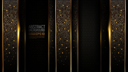 black gold background, luxury image abstract, straight lines overlap layer shadow gradients space composition, 3840 x 2160 monitor size for banner, flyer cover layout, template design