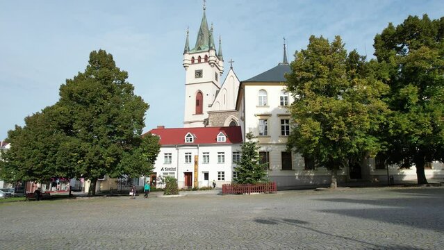 Humpolec city center-town square in Vysocina region of Czech republic, old houses,brewery Bernard and town hall and square of cobble stones