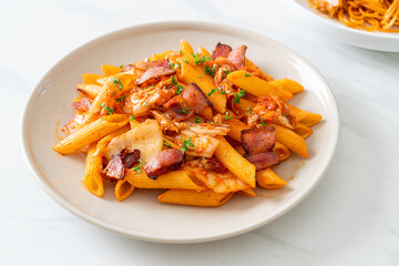 stir-fried penne pasta with kimchi and bacon