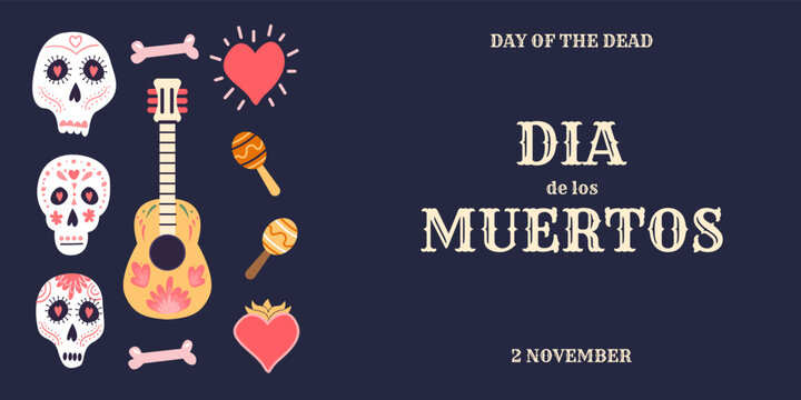 Dia de los muertos. Horizontal banner with traditional symbols. Sugar skulls calavera decorated with floral ornament. Mariachi musical instrument guitar and maracas. Mexican Day of the dead. Vector.