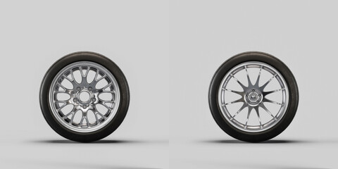 Obraz na płótnie Canvas Car wheels on white background. Isolated car tires with shiny rim from front view. 3d rendering