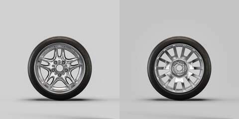 Fototapeta na wymiar Car wheels on white background. Isolated car tires with shiny rim from front view. 3d rendering