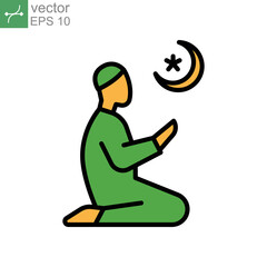 Praying and make lots of duaa in daily salaah prayers. Taraweeh, tarawih in ramadan kareem. Muslim worship sign. islam,muslim,ramadan,religion icon.Vector illustration.Design on white backgroud. EPS10