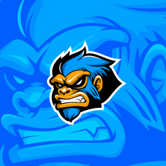 Blue gorilla in angry face expression esport gaming mascot logo illustration