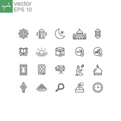 Ramadan Kareem signage and symbols. Fasting month, The holy month, Eid al-fitr mubarak. Islamic ramadan icon set, thin line icon. Vector illustration. Design on white background. EPS 10