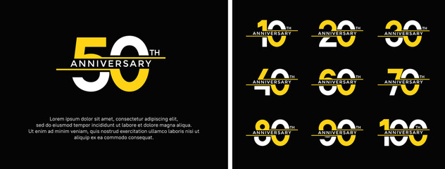 set of anniversary logo white and yellow color on black background for celebration moment