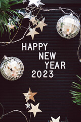 Happy New Years 2023. Christmas background with cone tree and Christmas decorations. Christmas holiday celebration. New Year concept.