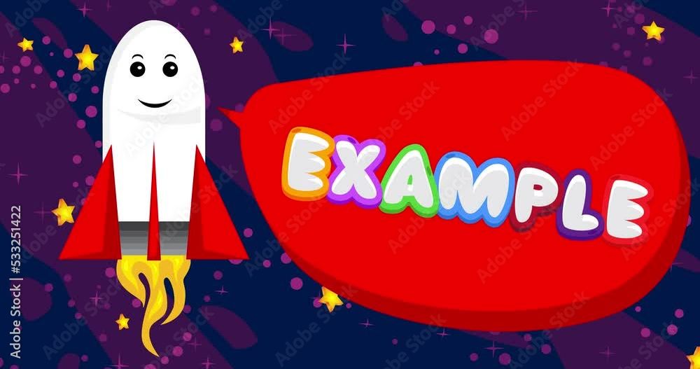 Poster rocket in space with example text in red speech bubble. cartoon animation.