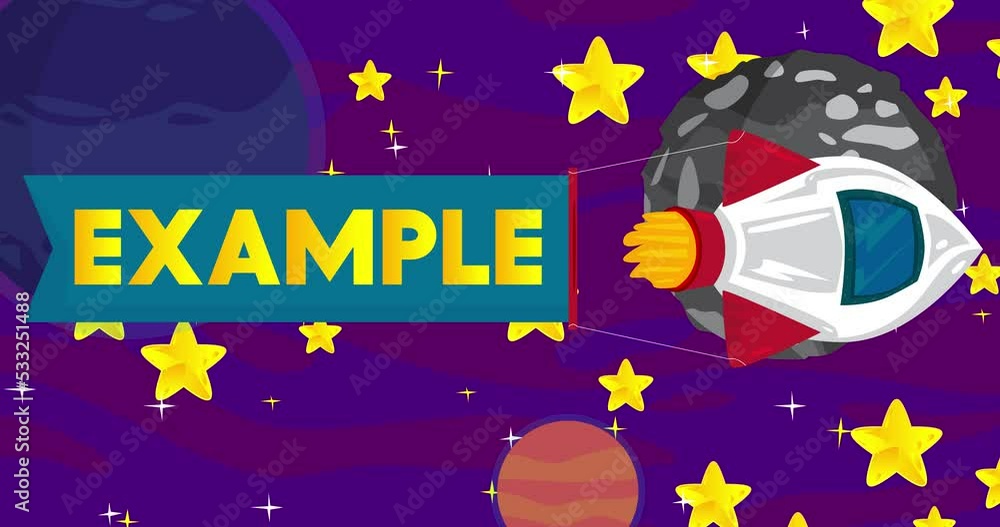 Poster rocket with example banner in space. cartoon animation.