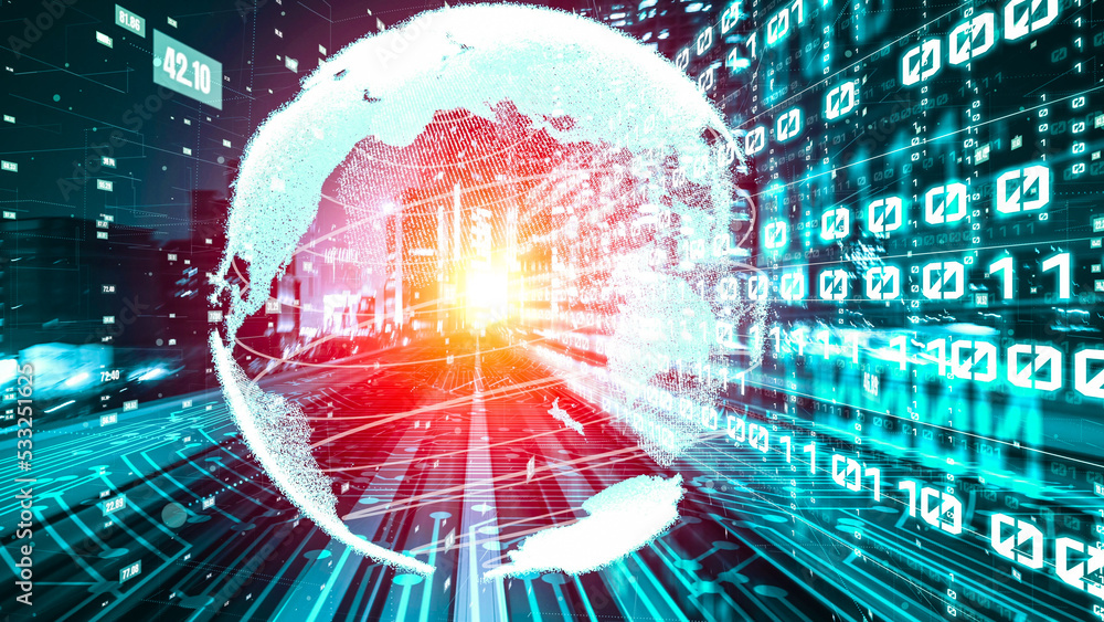 Poster futuristic global network and tacit digital data transfer 3d graphic . concept of smart digital tran