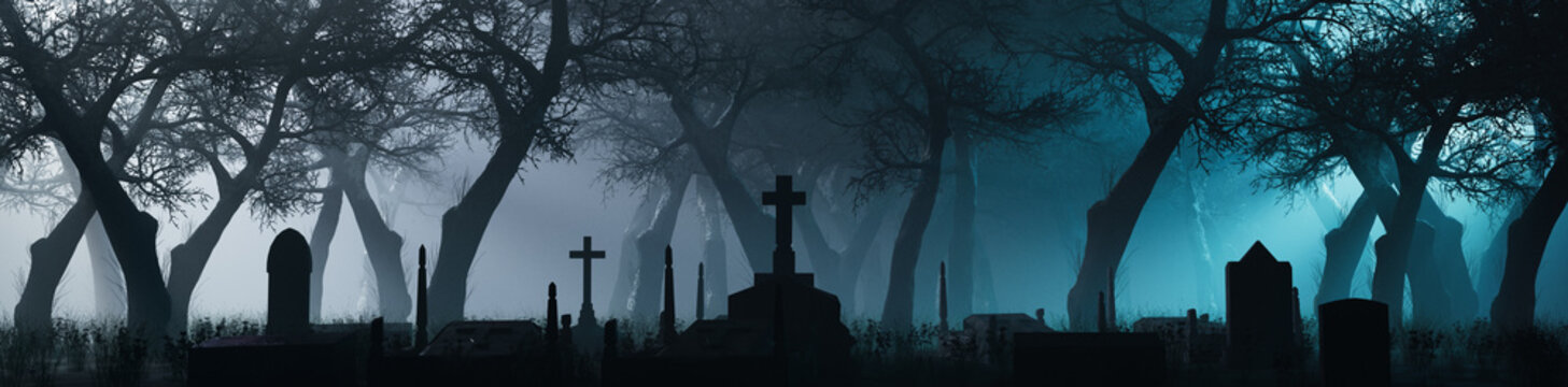 Trees and Gravestones Silhouetted in a Thick Pale Blue Fog. Night scene in Spooky Cemetery. Halloween Concept.
