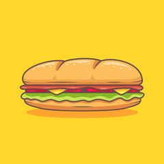 short submarine sandwich with tomato, cheddar cheese, and cow beef ham croque vector illustration