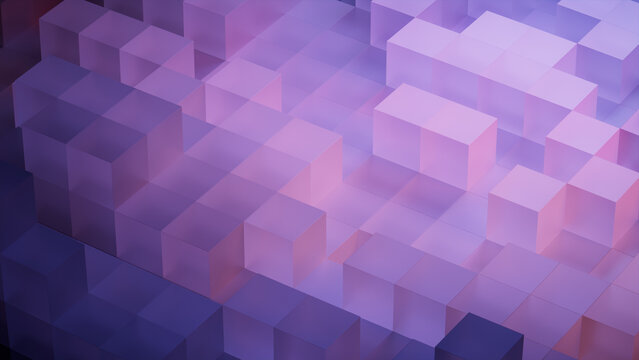 Precisely Arranged Translucent Blocks. Violet and Orange, Innovative Tech Background. 3D Render.