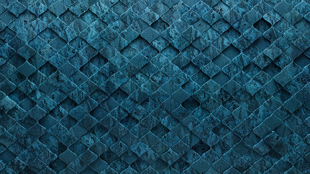 Arabesque Tiles arranged to create a Textured wall. 3D, Blue Patina Background formed from Polished blocks. 3D Render