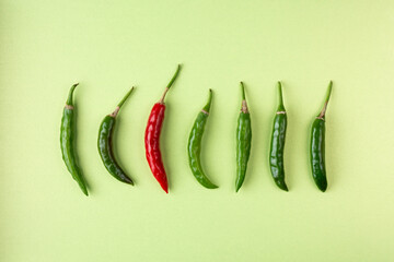 green and red chillies arranged on grainy textured light green background, ripe and unripe common vegetable used for their spicy taste, taken from above with copy space