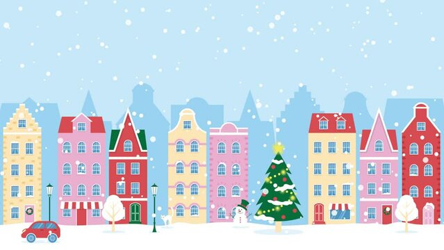 Christmas animated background with falling snow, a driving car, trees and houses