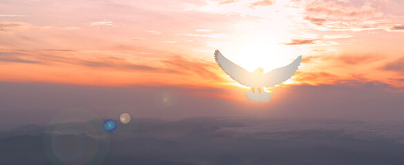 Doves fly in the sky. Christians have faith in Holy Spirit. silhouette worship to god with love Faith, Spirit and jesus christ. Christian praying for peace. Concept of worship in Christianity. - obrazy, fototapety, plakaty