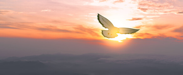 Doves fly in the sky. Christians have faith in Holy Spirit. silhouette worship to god with love...