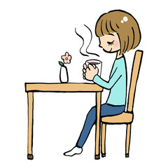 カップを持ってリラックスしている女性のイラスト