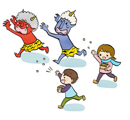 豆まき子どもと逃げる鬼のイラスト