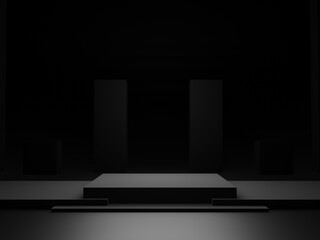 Black geometric podium. Dark background.