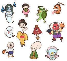 ゆるくて可愛い日本の妖怪イラストセット	