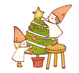 クリスマスツリーの飾り付けをする小人のイラスト