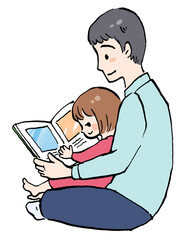 絵本の読み聞かせをしているお父さんと女の子のイラスト