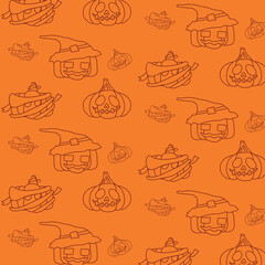 Halloween pumpkin black thin line illustration on orange background seamless pattern in vector. Halloween background.